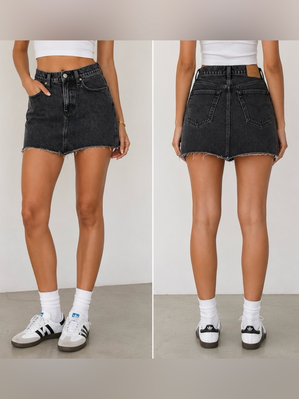 Madewell Black Wash Denim Mini Skirt size 26 raw hem high rise jean skirt